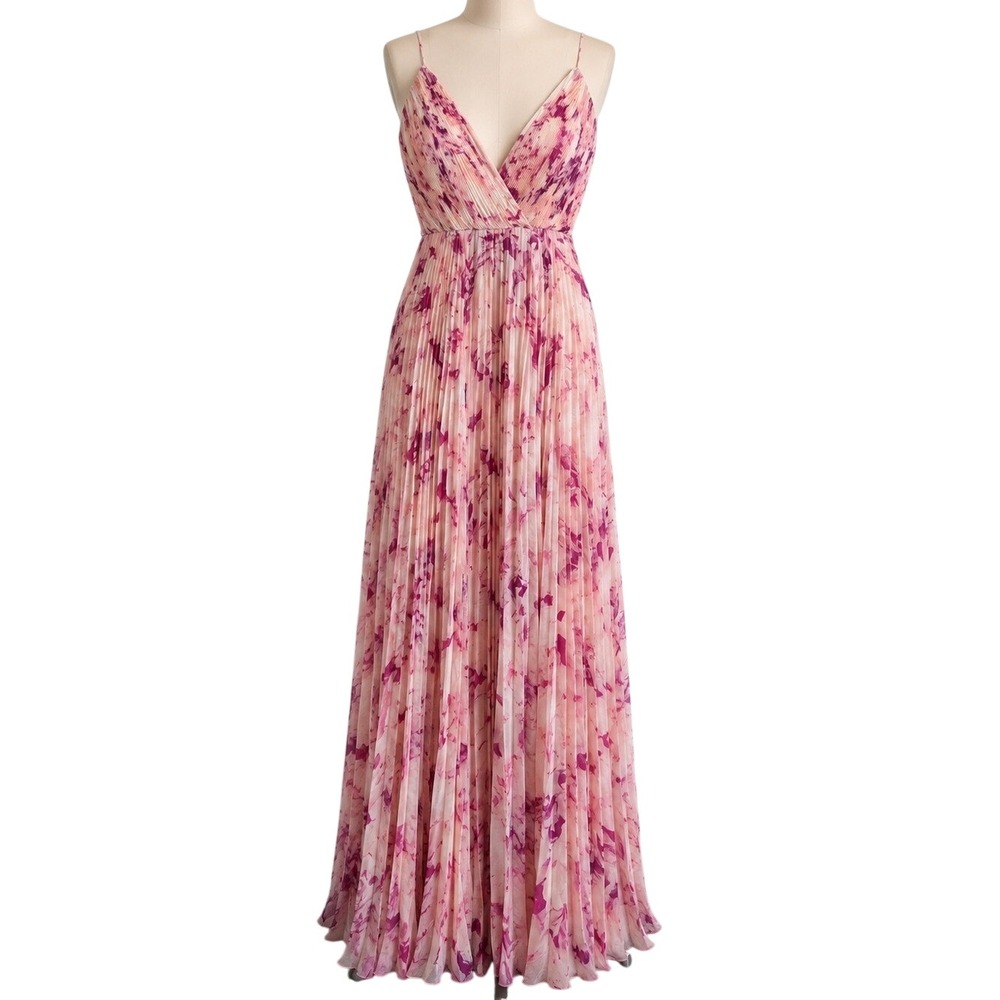 Monique Lhuillier Pink Floral Pleated Chiffon Maxi Gown Est Size 4 NWOT